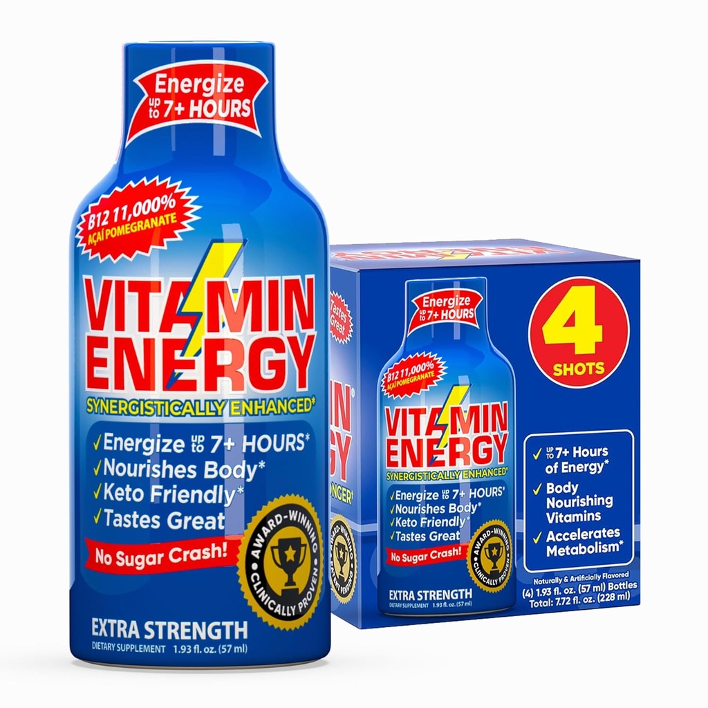 Vitamin Energija B12 11.000% Ekstra moč Energija Shot Açaí Pomegranate 4 Pack, 260mg Naravni kofein, B12 & B6, Nootropni fokus, Vitalnost, Nič sladkorja, Gluten-free, Vegan, Košir, 1,93 fl oz