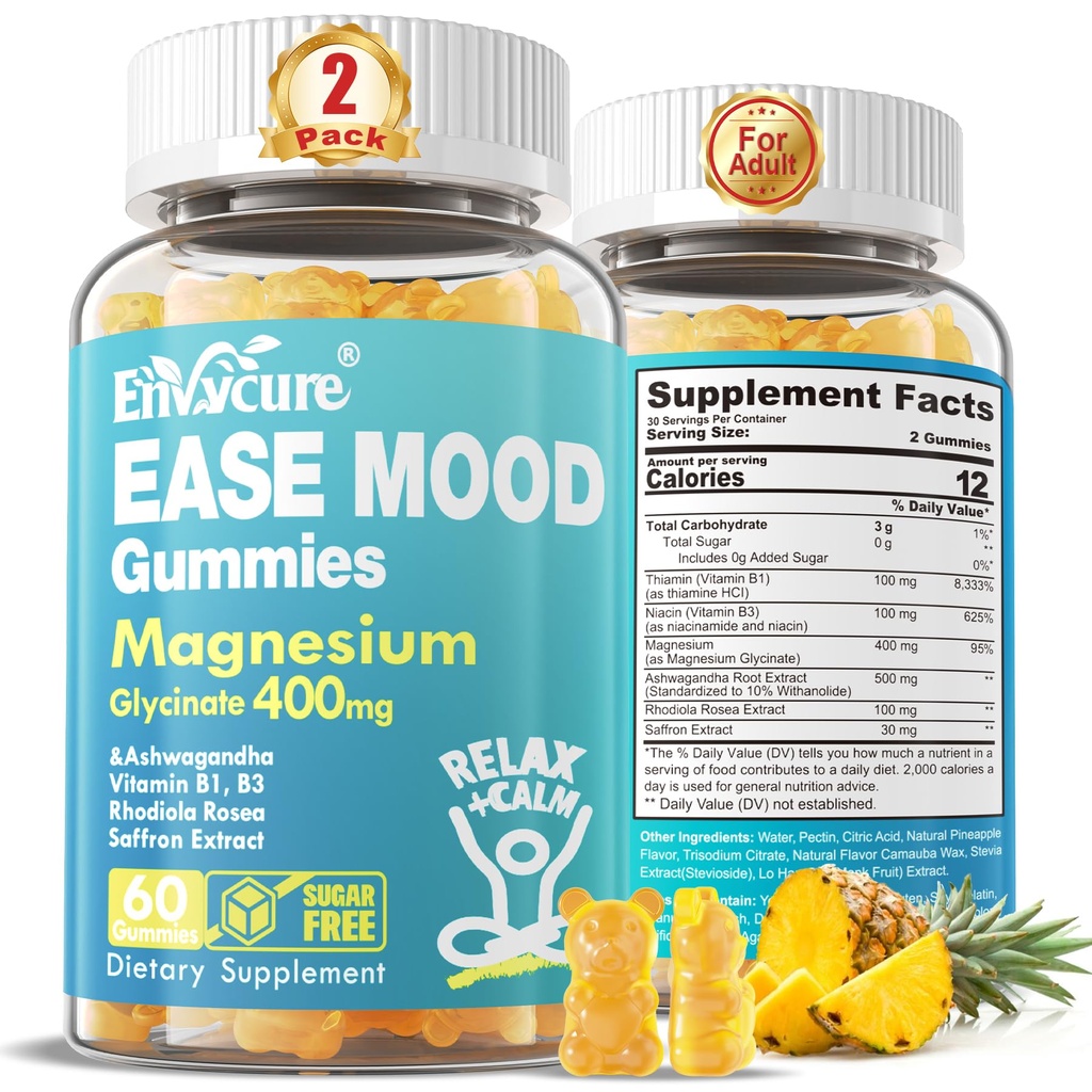 Brez sladkorja Magnezij Glycinate Gumies 400mg z Ashwagandha, B1, B3, Rhodiola Rosea & Saffron za podporo počitek, Mood & Calm Magnezij Gumies za odrasle, Žvečilni magnezij dodatek, Vegan, 120Ct