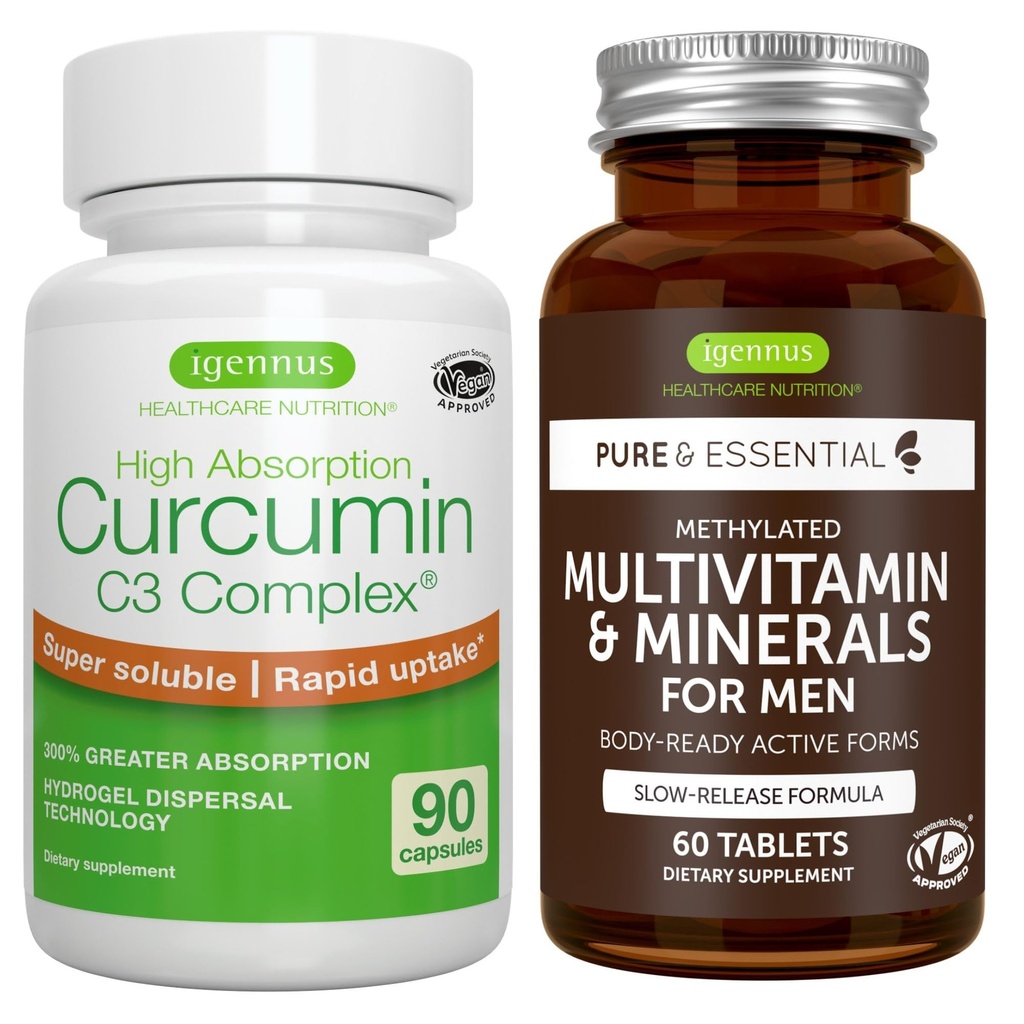 Multivitamin in minerali za moške + visoka absorpcija Curcumin C3 Complex, Vegan Bundle, trajen release Advanced Multivitamin + 300% večja absorpcija Curcuminoidi s hitrim prevzemom, Igennus