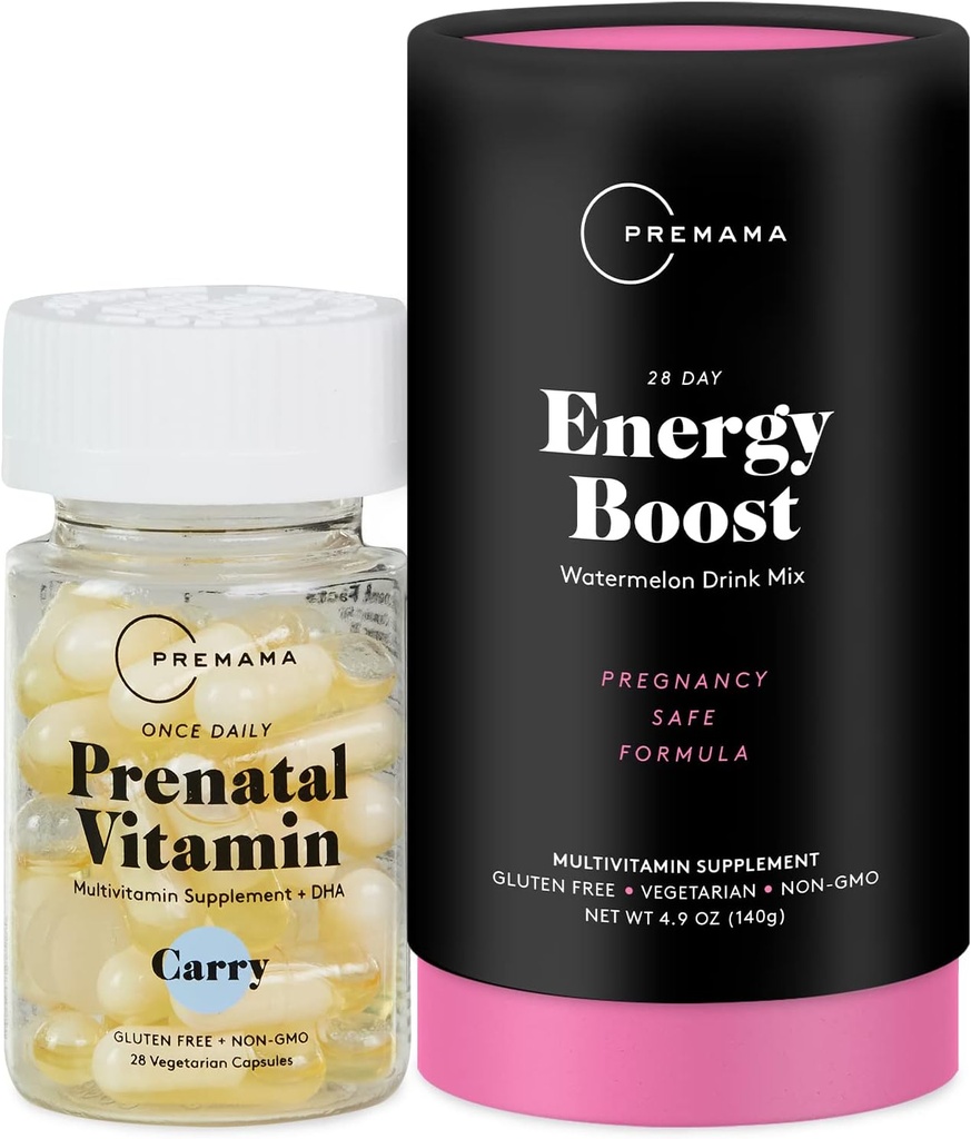 Premama Prenatal Vitamin Energy Boost Drink Mix & Prenatal Support Bundle, Omega 3, B Vitamini, DHA, Folat, 28 Servisi