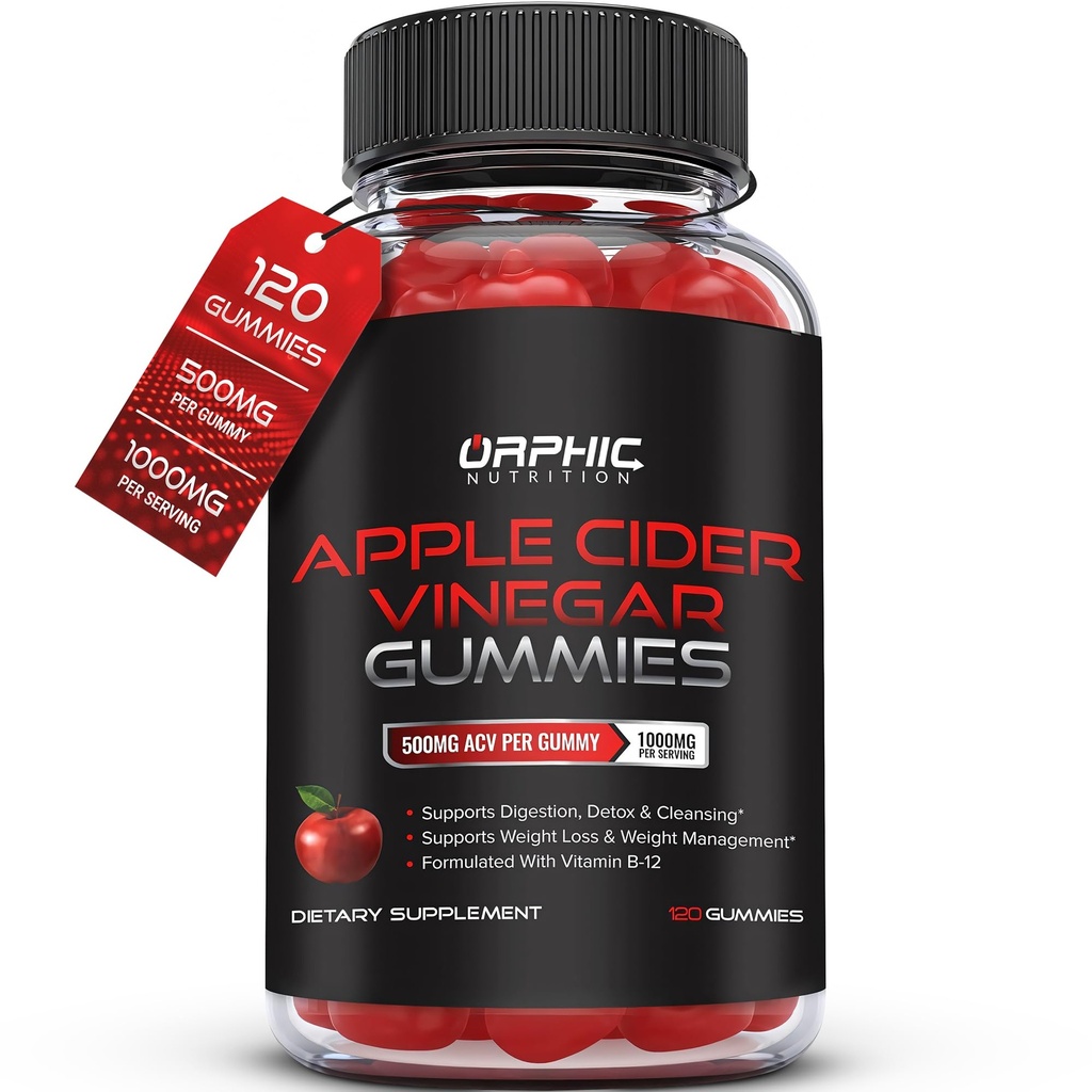 ORPHIČNI HRANILNIK Jabolčni vinski kis - 1000mg - ACV Hujšanje Gumies - Podpora Prebava, Razstrupljanje in čiščenje - VIT B12, Pese - Gomitas de Vinagre de Manzana (120 kosov)