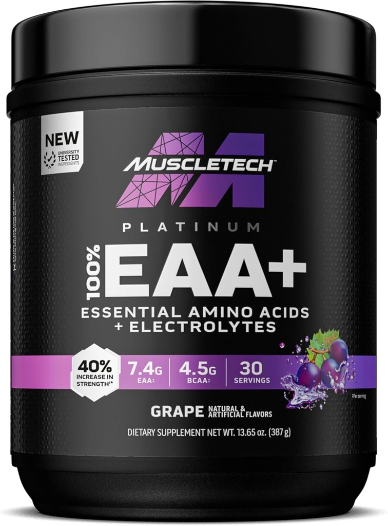 MuscleTech Platinum Essential Aminokisline dodatek z elektroliti, Grozdje - Predworkout prašek za energijo, rast mišic in moč graditelj - EAA kompleks za moške in ženske - 30 Serving