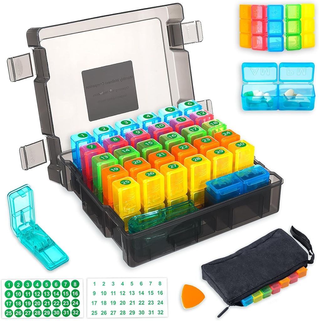 Mesečne tablete Organizator 2 krat na dan z 31-dnevno vlažilna škatla, tedenske tablete vrečka, tablete Cutter, plastična otvoritvena izbira za enostavno uporabo, velike zmogljivosti za prijetno upravljanje zdravil (črna)