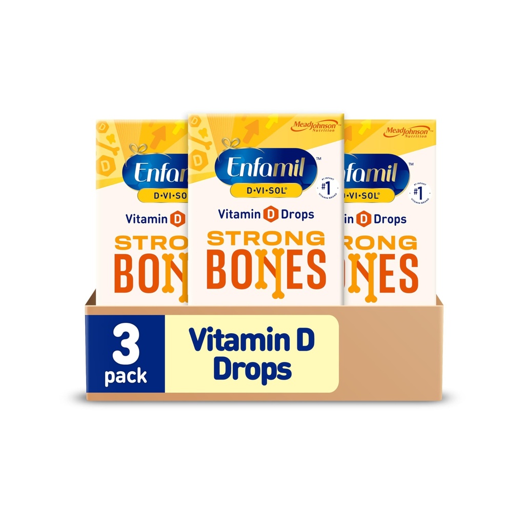Enfamil Baby Vitamin D-Vi-Sol Vitamin D Tekoči dodatki kapljice za dojenčke, podpora močni zob in kosti v novorojenčkih, enostaven za uporabo, Gluten-free, 50 ml Kapalko, pakiranje po 3
