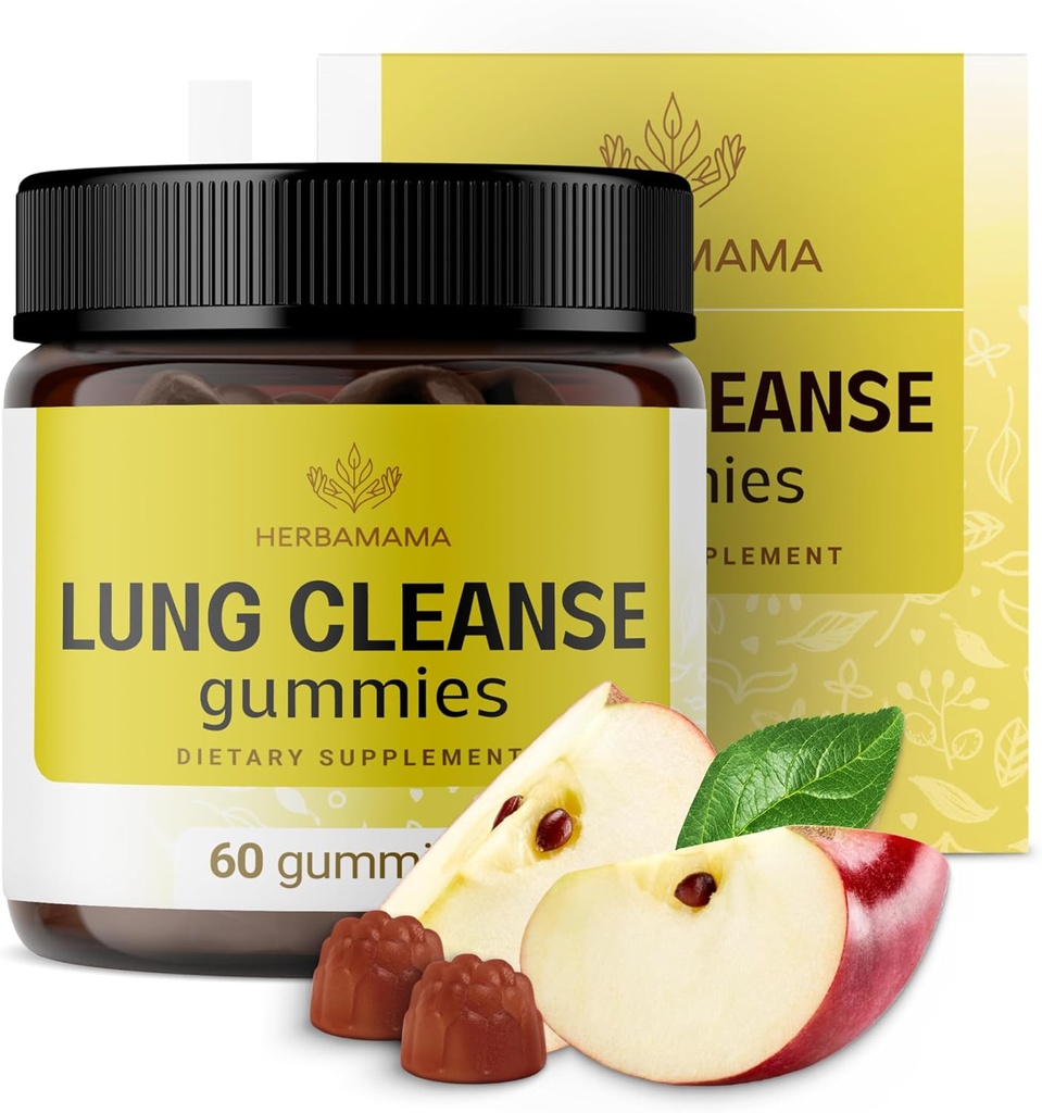 HERBAMA Lung Detox Gumies - Zeliščni kompleks z mešanico gob za čiščenje pljuč - Veganska, ne-GMO dihalna podpora dodatek - 60 pektin na osnovi jabolk z nabreklimi žveči