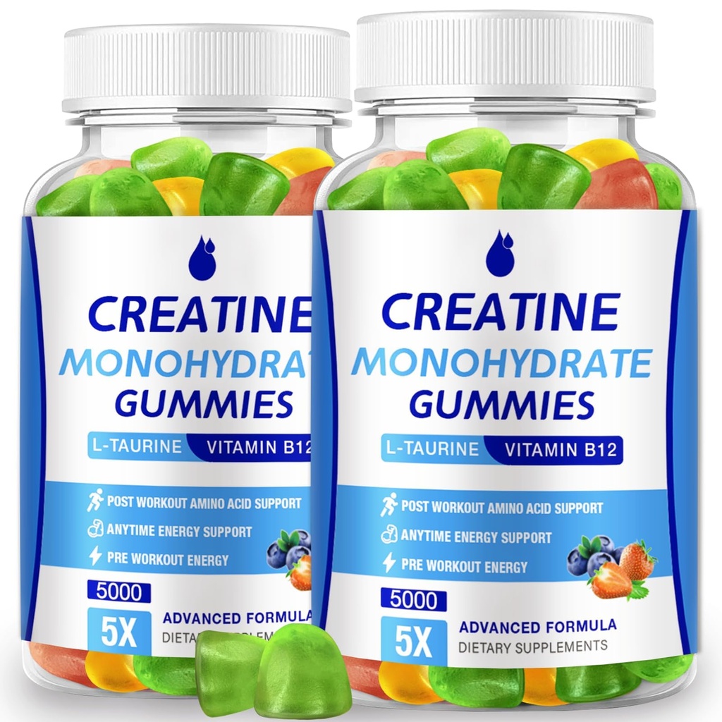 Kreatin monohidrat Gumies 5000mg Kreatin za ženske in moške 2 pakiranji, Kreatin monohidrat Žveči za povečanje fokusa, mišična moč, 5g Kreatin monohidrat na serviranje, sladkor brez, Vegan