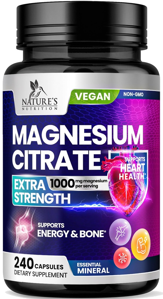 Magnezijev citrat dodatek tablete 1000mg - 3X Jakost Magnezijev dodatki za kosti, mišice, srce, podpora za spanje narave za moške in ženske, Vegan Mag Mineral, Ne-GMO, ustekleničen v ZDA, 240 Kapsule