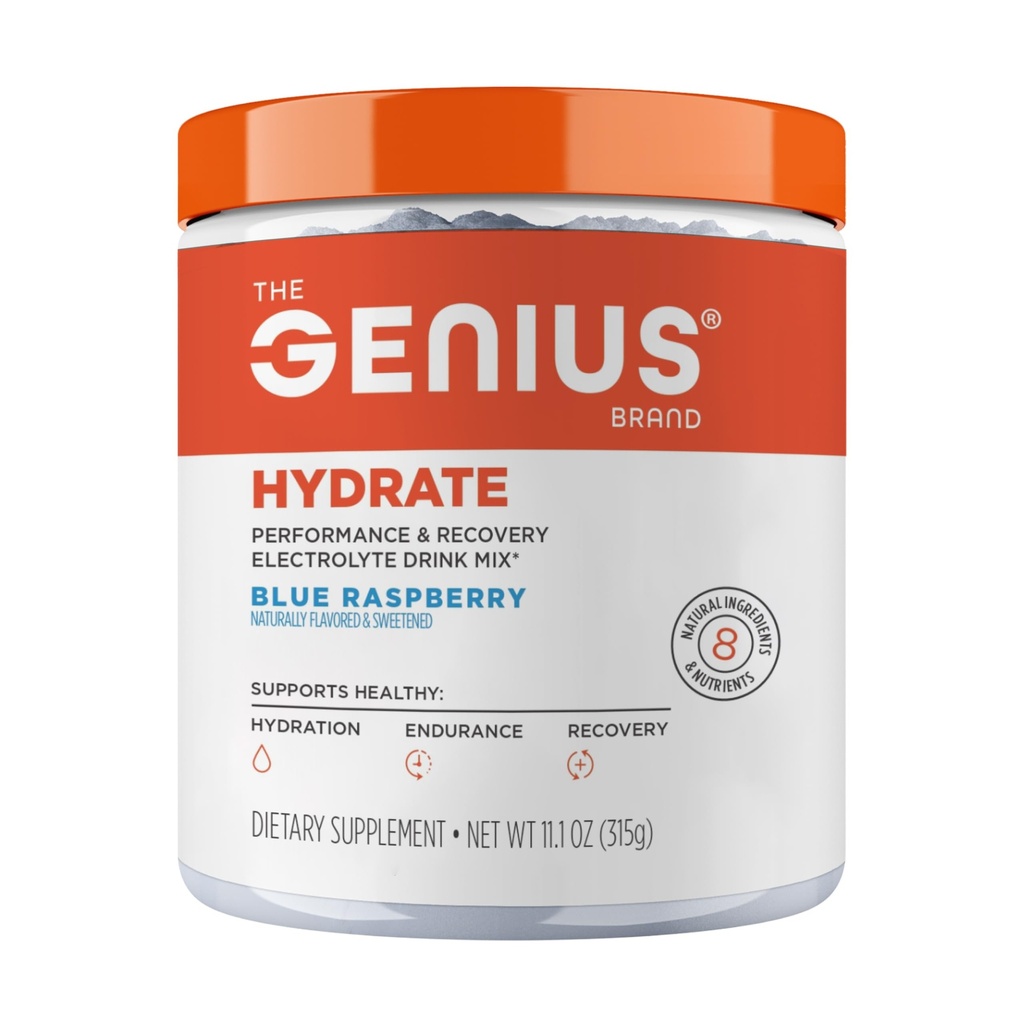 Genius Brand Genius Hydrate - Elektrolitski dodatek za dnevno hidracijo - Kokosova voda - Sugar-free - 8 Essential Minerals & Nutrients - Non-GMO - Blue Raspberry - 50 Služabniki