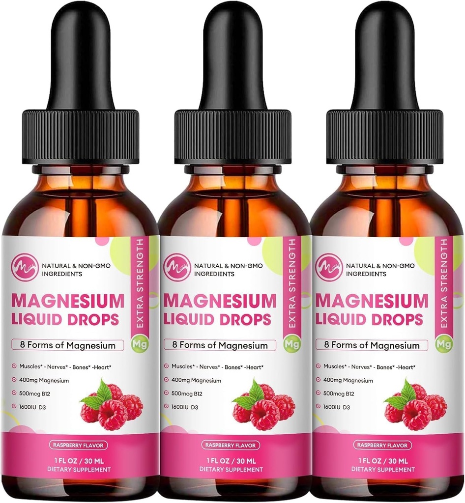 (3 pakiranje) Magnezijeve tekoče kapljice - 8 v 1 Magnezijev kompleks dodatek z magnezijevim glicinat, Citrat, malat, Taurat, za možgane, noč, mišice, kosti, Cramps, malina aroma