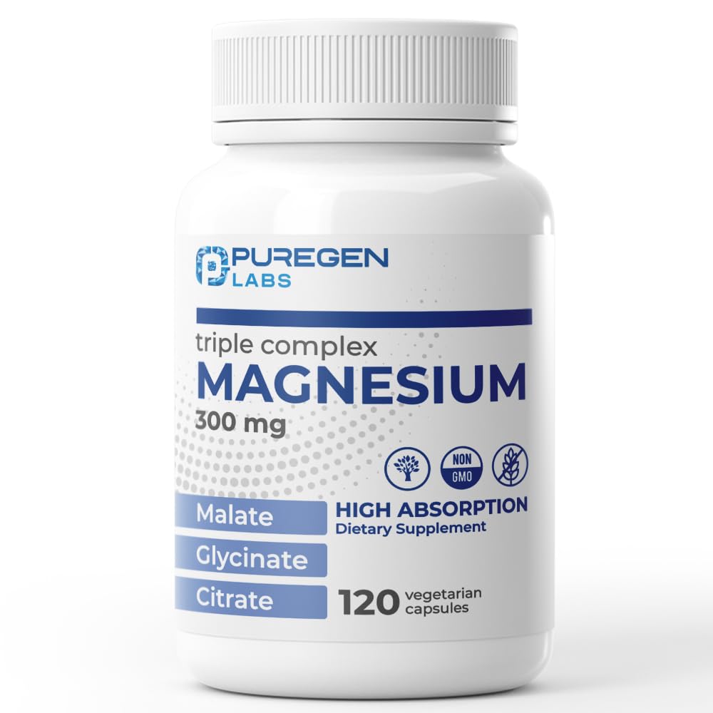 Puregen Labs Triple Magnezij Complex 300mg magnezijevega glicinata, malata, in Citrata [Visoka absorpcija] 120 Veg Kapsule 