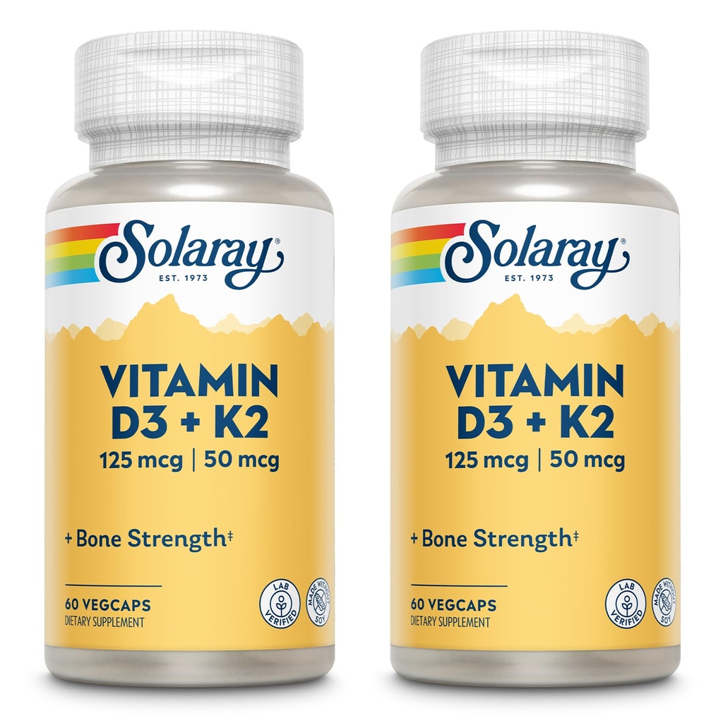 SOLARAY Vitamin D3 + K2, D & K Vitamini za absorpcijo kalcija in podpora za zdrav kardiovaskularni sistem in arterije, brez GMO in soje