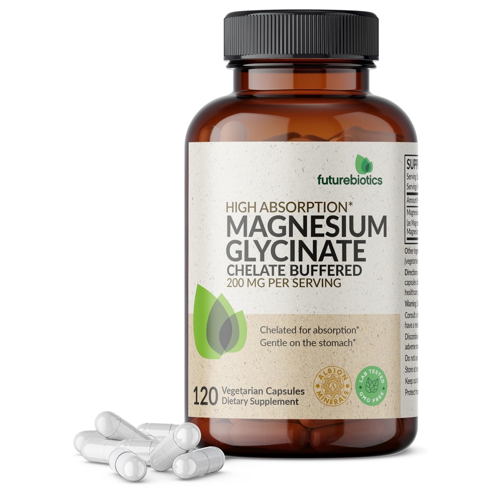Futurebiotiki Magnezij Glicinat 200 MG na Serviranje kelirano za visoko absorpcijo, Nežno na želodcu, Ne-GMO, 120 Vegetarijanske kapsule