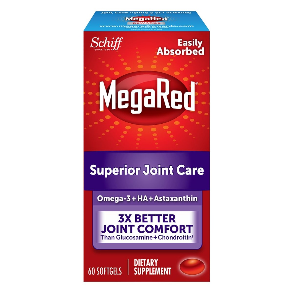 Omega-3 Krill Oil in Skupni dodatek - Megared Joint Care 60 mehkih gelov - EPA/DHA maščobne kisline, Antioksidanti, Hyaluronska kislina, Brez ribjega burpa pookusa kot pri ribjem olju