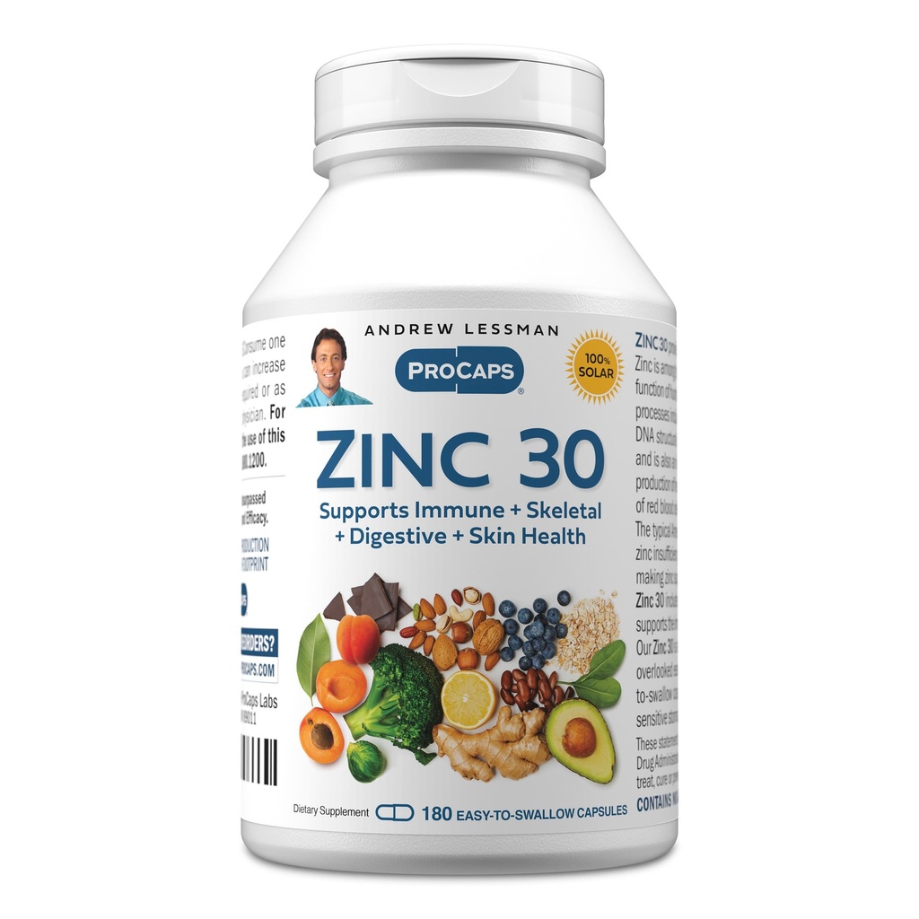 ANDREW LESSMAN Cink 30mg - 180 Kapsule - Zelo absorpcijski cinkov citrat. Podpira imunske, skeletne, prebavne in kožne zdravje. Majhne Kapsule, ki jih je enostavno pogoltniti. Brez dodatkov