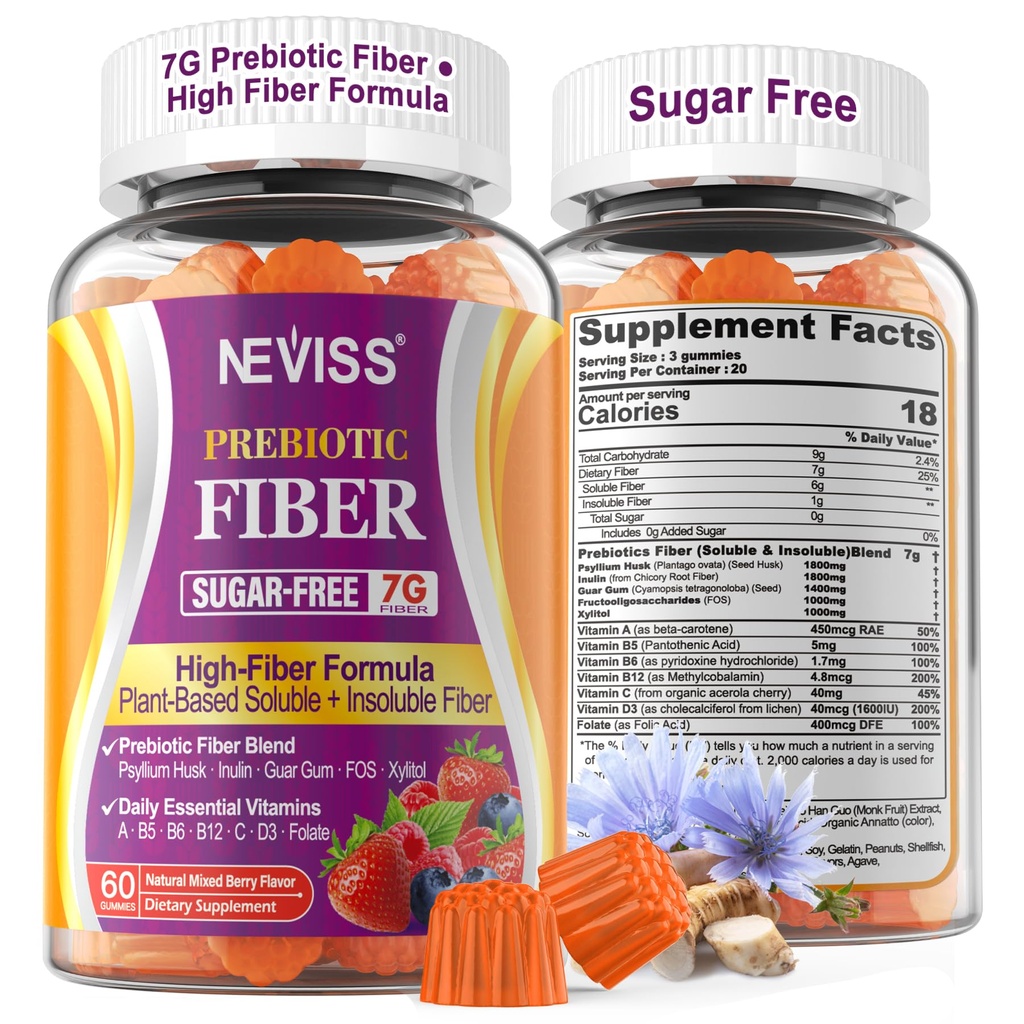 1Pack Fiber Gumies za odrasle s Psyllium Husk, 7G(Soluble + Netopna) Dnevna prebiotična Fiber z Inulin, FOS, Guar Gum, Multivitamini za vsakodnevno digestivno zdravje, Podpora za rednost Gut,Sugar Free