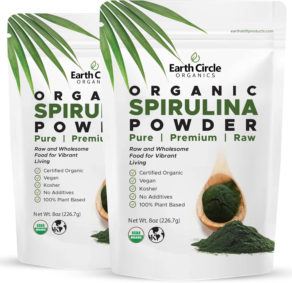 Earth Circle Organics Spirulina Powder, Kosher, Surovi in neobsevani 