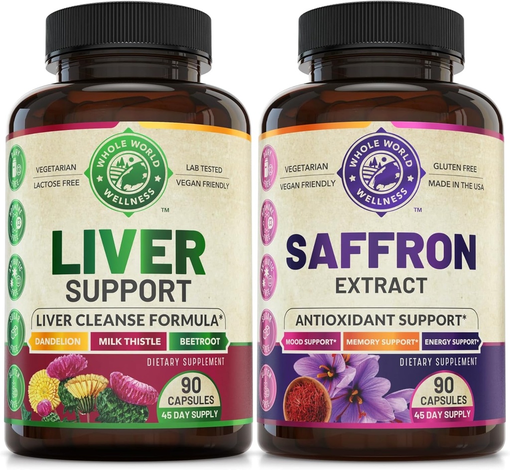 Jetrna čistila Detox Popravila Formula in Pure Saffron Extract Bundele (Ena steklenica vsak). Podpira zdravje jeter, energijsko povečanje, razpoloženje, metabolične funkcije. USA Made.