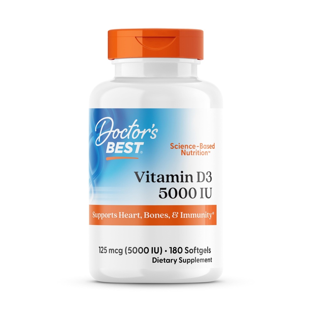 Zdravnikov najboljši vitamin D3 5000IU, Ne-GMO, Gluten & Soy prost, Regulira imunske funkcije, podpira zdrave kosti, bela, brez arome, 180 Število