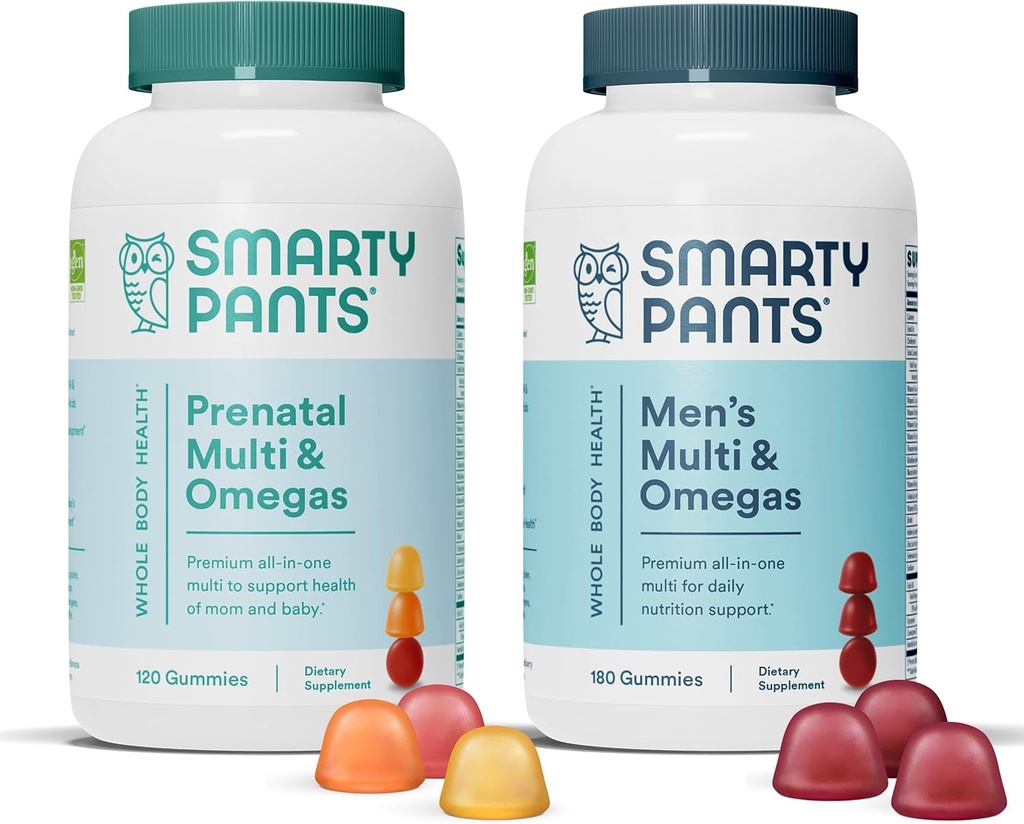 SmartyPants Prednatal in moški multivitaminski gumijasti paket: Omega 3 ribje olje (EPA/DHA), Biotin, metilfolat, vitamin D3, C, vitamin B12, B6, A, K in cink za imuno podporo (30 dnevna dobava)