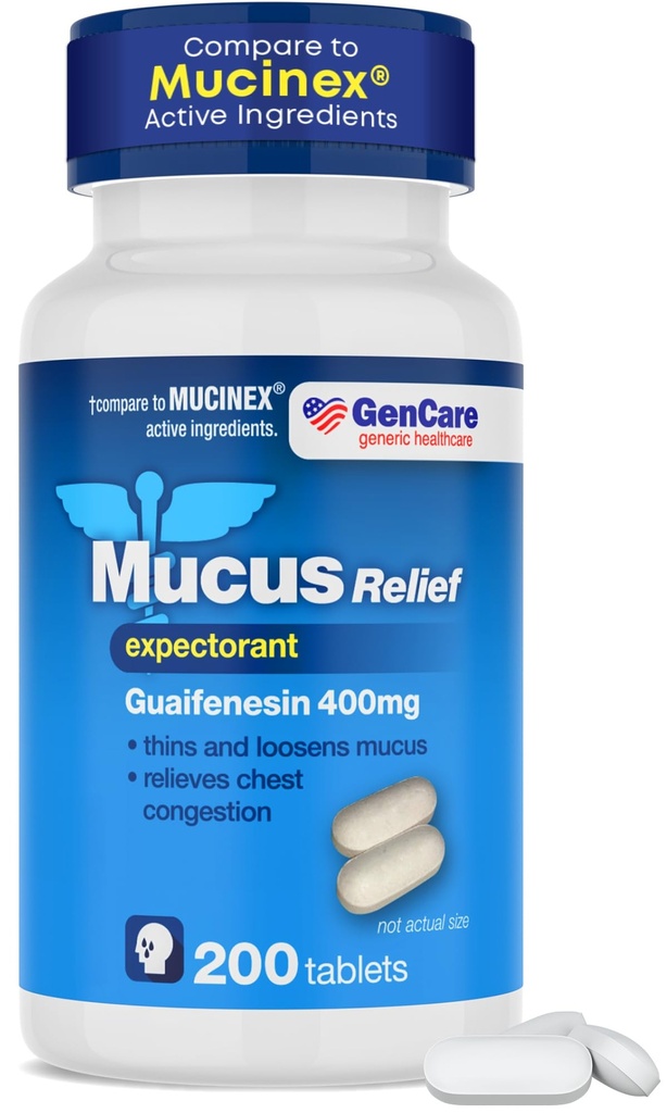 GenCare Mucus Relief Expenditorant Guaifenesin 400 mg 200 Tablet Vrednostni paket - hitro odtekanje sluzi za prehlade, zastoje v prsih, gripo, kašelj in alergije
