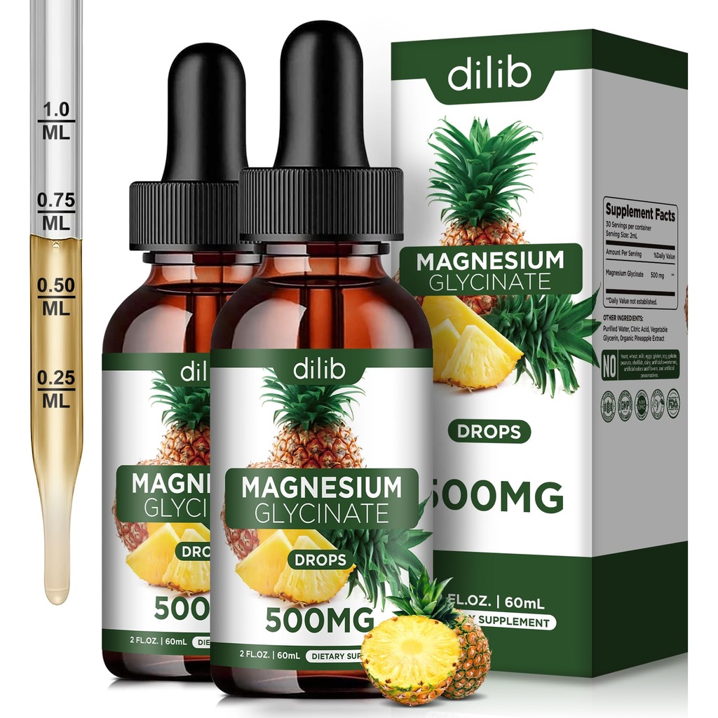 (2 paket) Magnezij Glycinate dodatek, Tekoči Magnezij Glycinate Tekoči kapljice 500mg-podpora Stres Relief, Sprostitev, Mood, Sleep, Bone & Muscle-4 Fl Oz, Vegan, Ananapple Flavor