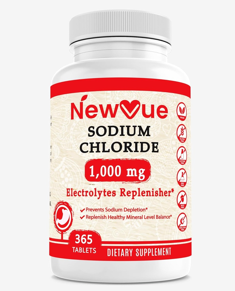 Natrijev klorid 1000 mg, 365 tablete - tablete soli, ne- GMO, brez glutena - pijača z elektroliti zamenjana hidracija