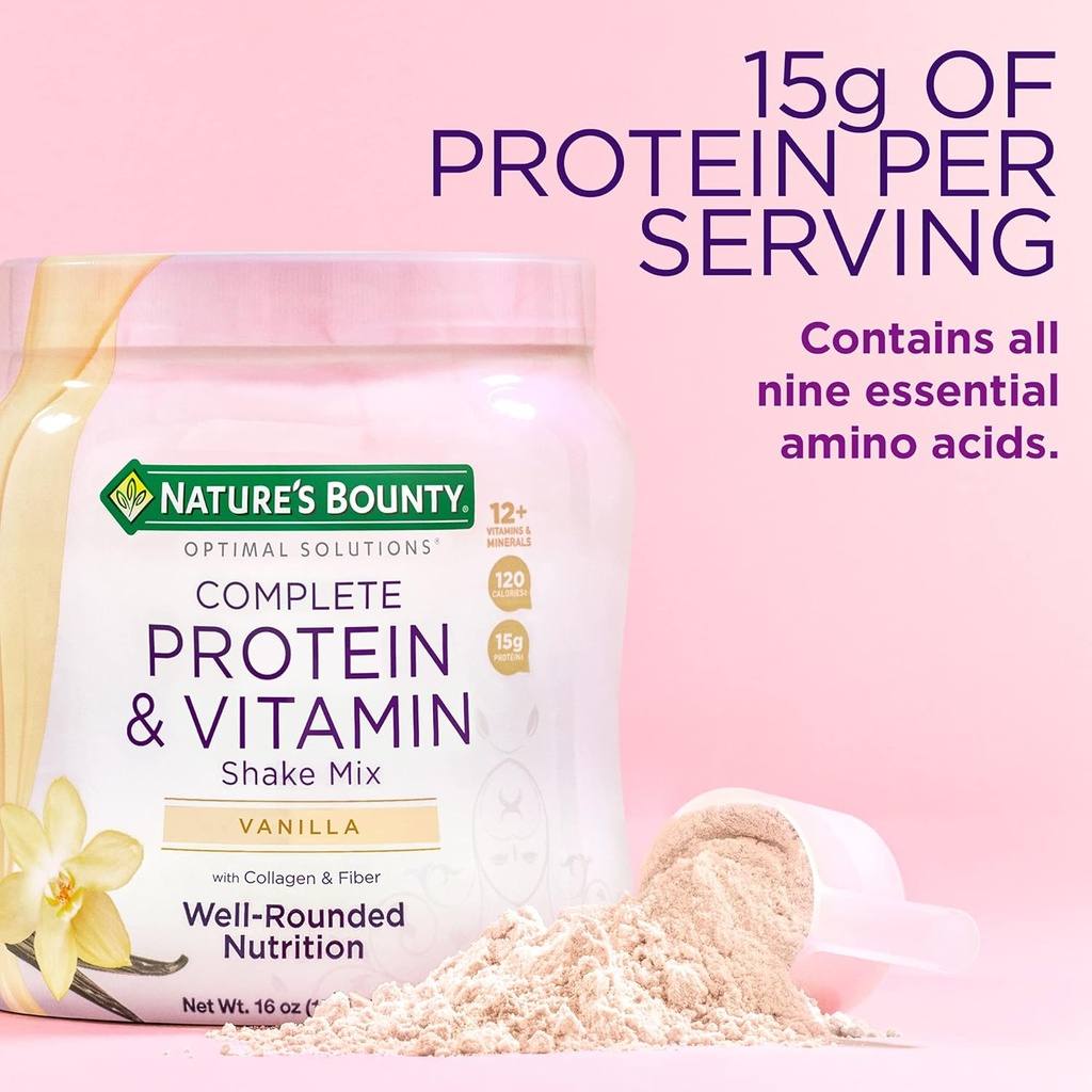 Naravni Bounty kompletni proteini in vitaminski stresanje mešamo s kolagenom in fibrom, vsebuje vitamin C za imuno zdravje, vanilija aromatizirana,1 funt (paket z 2)
