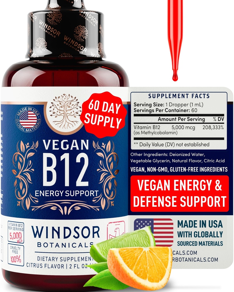 Vegan Vitamin B12 Liquid - Max Strength Methylcobalamin B12 Sublingual 5000 mcg - Fast Absorbing Supplement for Mood, Memory and Energy Support - Non-GMO, Gluten-Free, Citrus Flavor B 12 Drops, 2oz