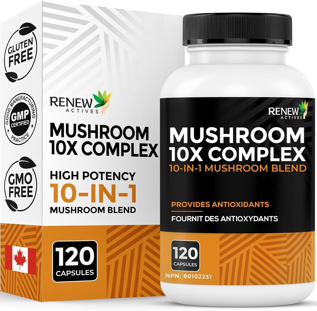 RENEW AKTIVNOSTI GOBE Kompleks 2 Kapsule na serviranje – 10 Mešanica gob z antioksidanti za imuno zdravje in dobro počutje – Podpira splošno vitalnost in dolgotrajna Wellness – Made in Canada - 120 kapsul