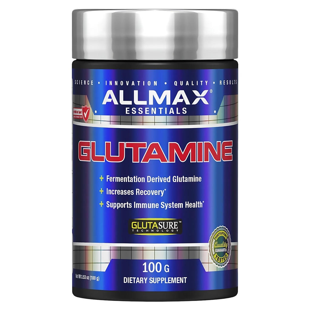 ALLMAX Essentials GLUTAMIN - 100 g prašek - Fermentacija- derivat glutamin - poveča okrevanje in podpira imunski sistem - Gluten Free & Vegan - 20 Serving