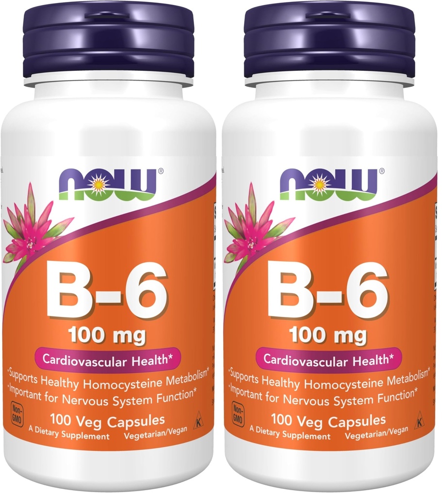 Zdaj dopolnila, vitamin B-6 (Piridoksin HCl) 100 mg, kardiovaskularno zdravje*, 100 Veg kapsule (paket po 2)