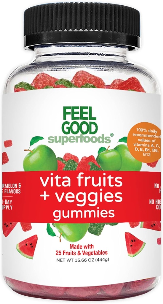 FeelGood Superfoods Vita Sadje in zelenjavo Dodatki, Multivitaminski sadje in zelenjava Gumies, 25 Sadje in zelenjava, lubenice in okusi jabolk, Vegan, Non-GMO, 60 grof