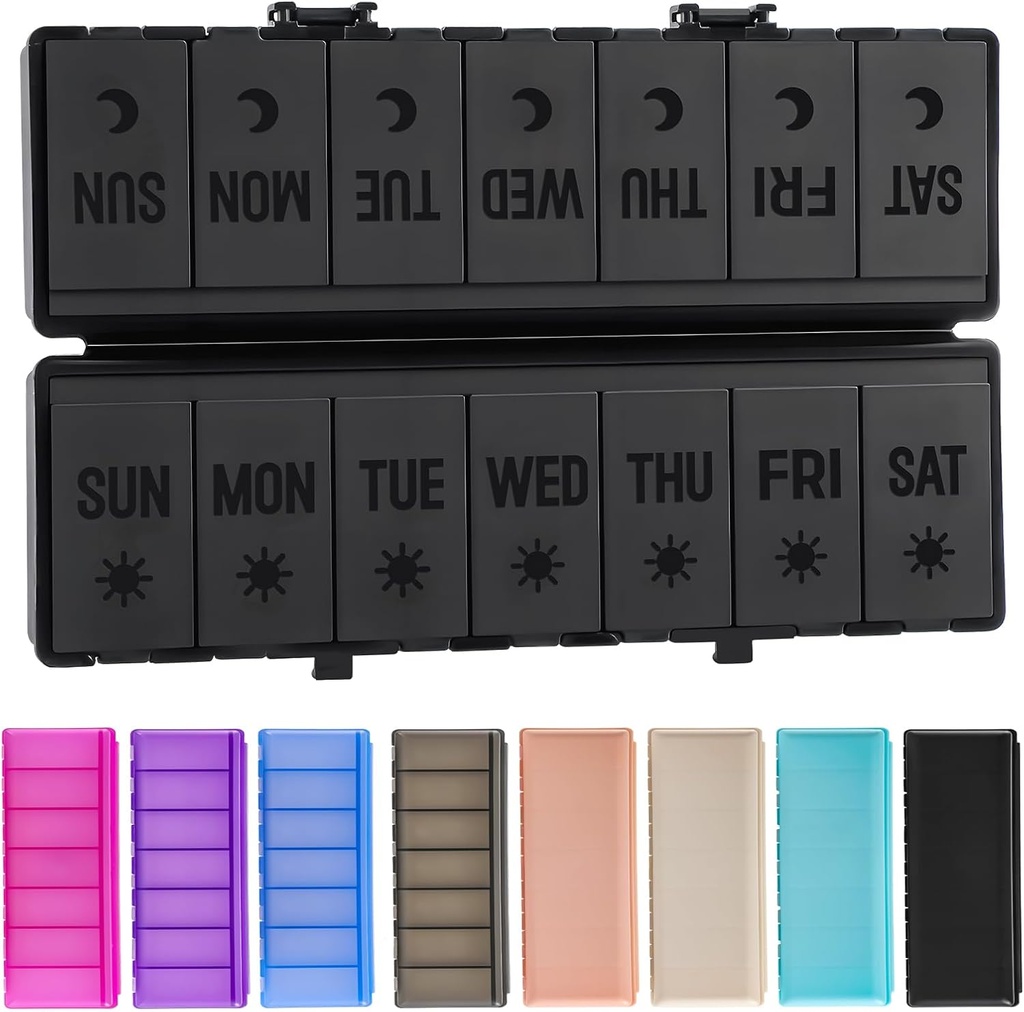 Funkcionalne tablete Organizator 2 krat na dan w/Etched etikete -Dualna zaščita in prenosno Weekly AM Pill Box, 7 Day Medicine Container, Veliko potovalne tablete Primer za tedenski dnevni dodatek vitamin - vse črne