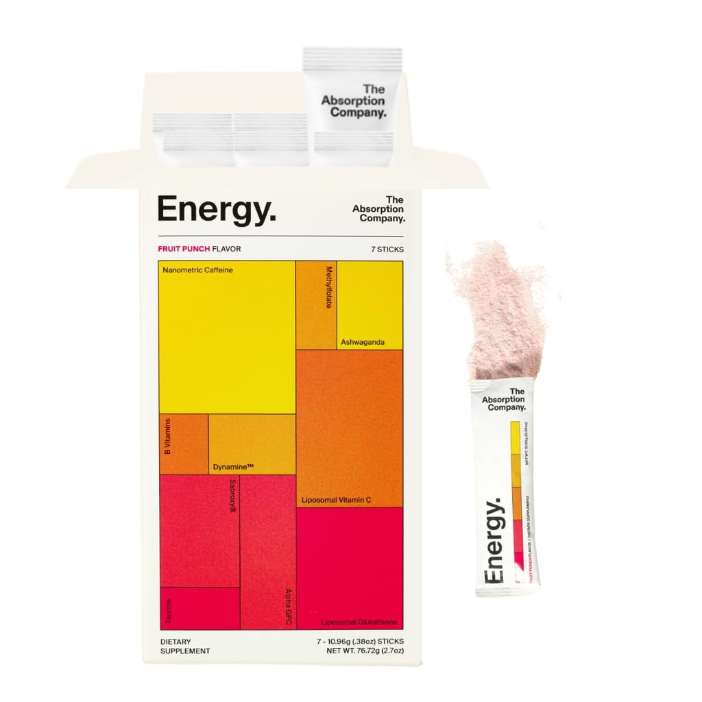 Absorpcija Podjetje Energy Drink Powder Mix Packets – Čista energija Booster za podporo opozorilo z 150mg Natural Caffeine & Vitamin C – Fruit Punch aroma, 7 palice
