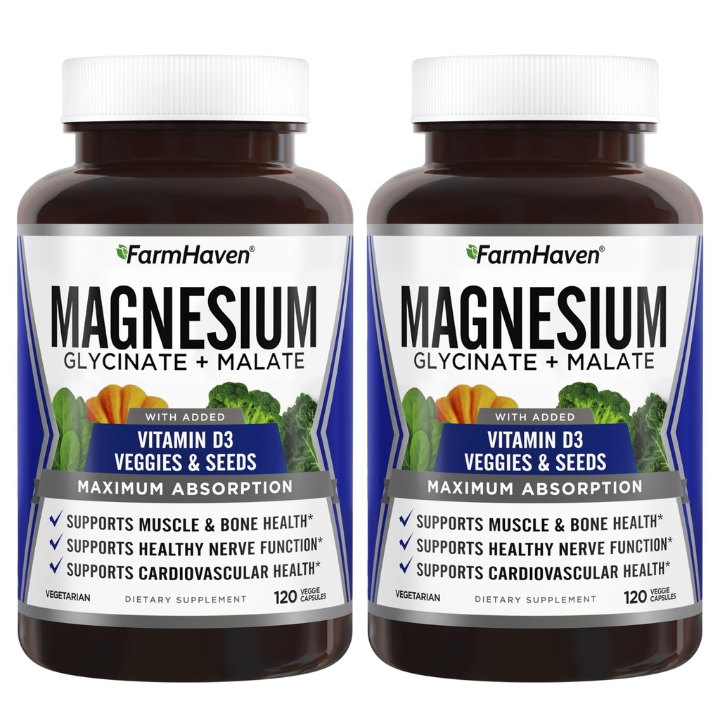 FarmHaven Magnezij Glicinat & Malate kompleks w/vitamin D3, 100% kelirana za Max Absorpcija- zdravje kosti, živci, mišice, 240 kapsul, 120 dni