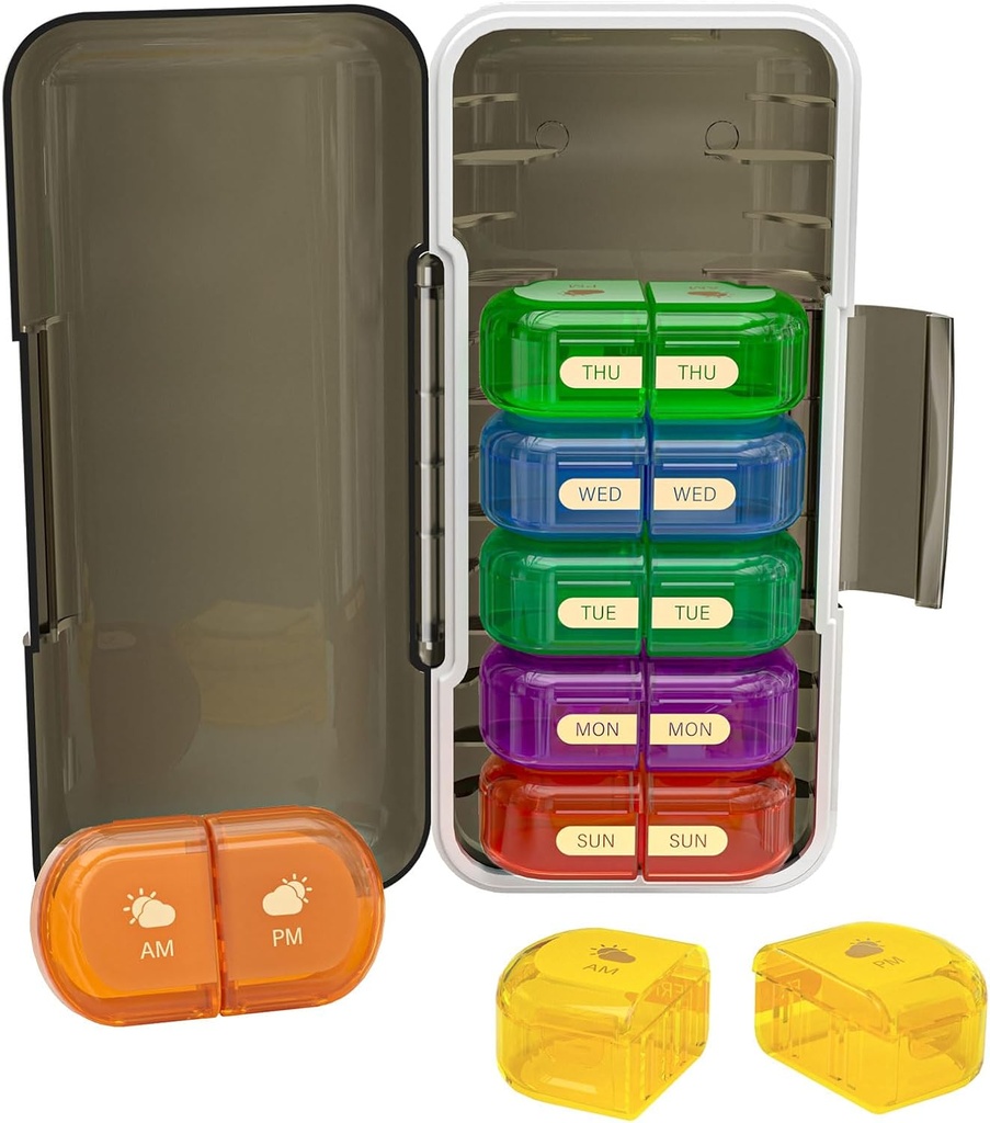Tedenske tablete Organizator 2 krat na dan, Vlažno-Proof, Odstranljivi kompartmenti, AM PM tablete Box 2x 7 dan, potovalne tablete organizator za tablete/ribje olje/sredstvo/Vitamin/Dopolnila (črna + barvita)
