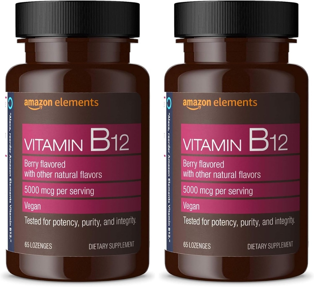 Elementi Vitamin B12 Metilkobalamin 5000 mcg - Normalna proizvodnja in presnova energije, Podpora imunskega sistema - 2 meseca dobave, Berry arome Lozenges, 65 število (Pack of 2)
