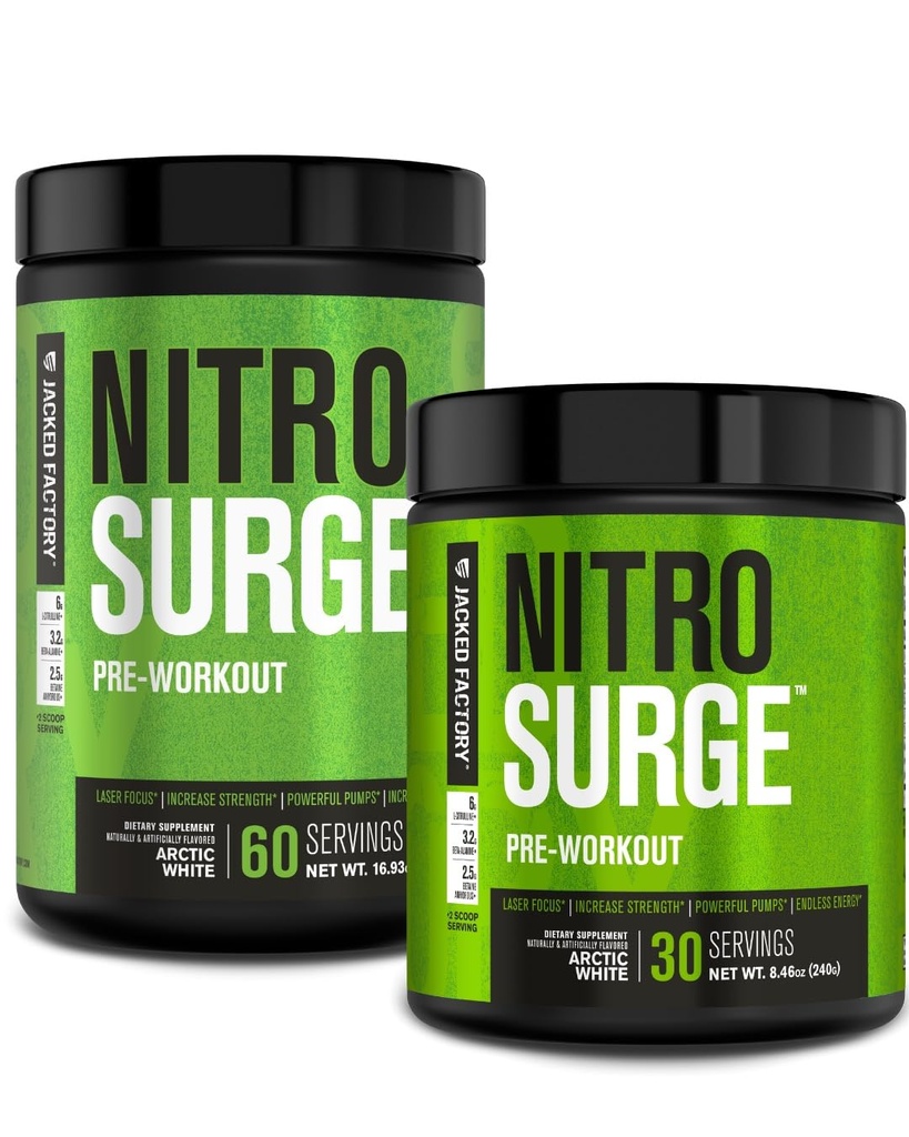 Jacked Factory NITROSURGE Pre Workout dodatek - Neskončna energija, Instant moč pridobi, Clear Focus, Intenzivne črpalke - NO Booster & Powerful Preworkout Energy Powder - 90 Servings, Arktična bela