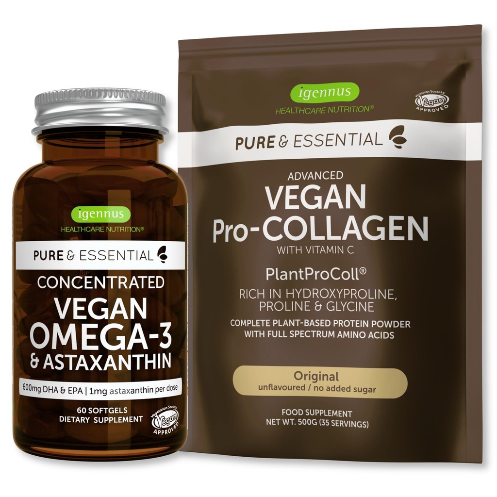 Pure & Essential Vegan Kolagen Peptide Protein Powder & Vegan Omega 3 Bundle, Popolno kolagen povečanje Formula & Sustainable Algae Oil 1340mg, by Igennus
