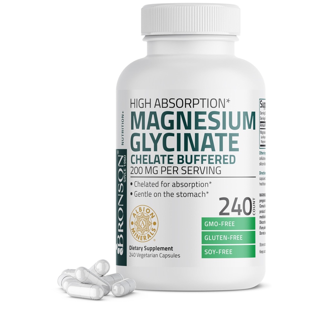 Bronson Magnezij Glicinat 200 MG na Serviranje kelirano za visoko absorpcijo, Nežno na želodcu, Ne-GMO, 240 Vegetarijanske kapsule