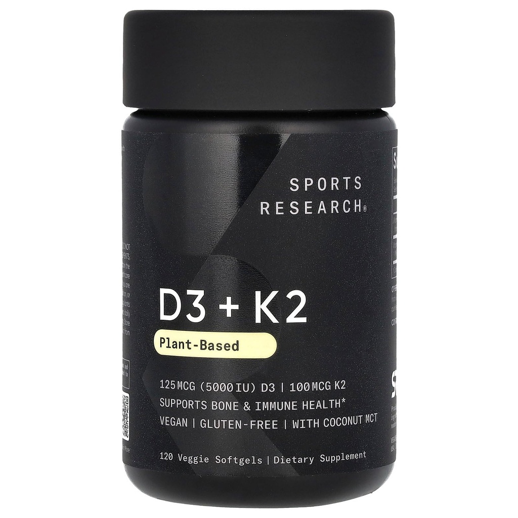 Športne raziskave Vitamin D3 s K2 Softgels - obrat temelji K2 & Vegan D3 5000iu s kokosovim MCT oljem - Vegan Certified, Soy & Gluten Free - 120 Count