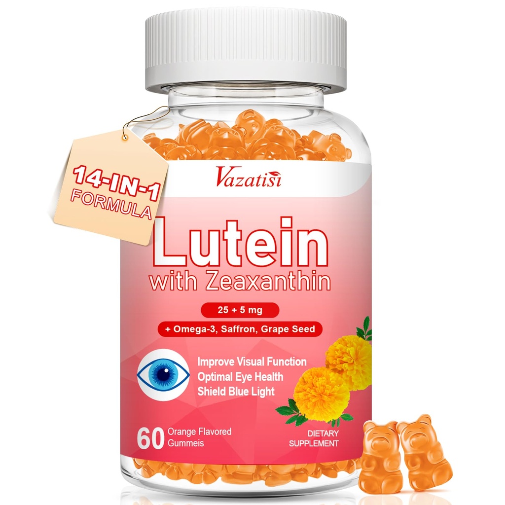 Lutein in Zeaksantin dopolnila Gumies, Advanced Eye Vitamin dodatek z borovnice, Žafran, Grozdno seme, Omega 3 za Makularno zdravje, Suho oko, Vizualne funkcije - Orange Flavor, 60 Count