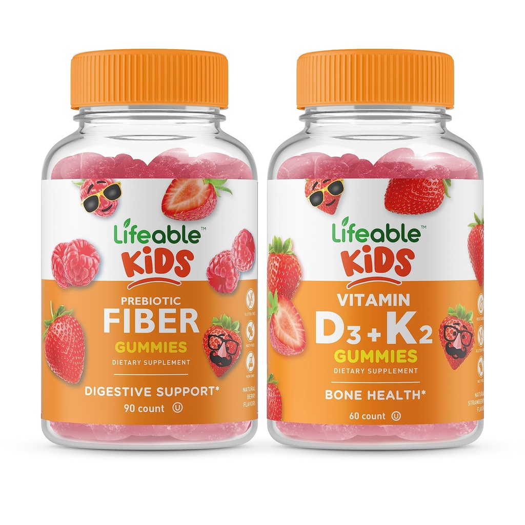 Življenjski Prebiotične Fiber Otroci + Vitamin D3 + Vitamin K2 Otroci, Gummies Bundle - Odlično degustacijo, Vitamin dodatek, Gluten brezplačno, GSO brezplačno, Žvečljivi Gummy