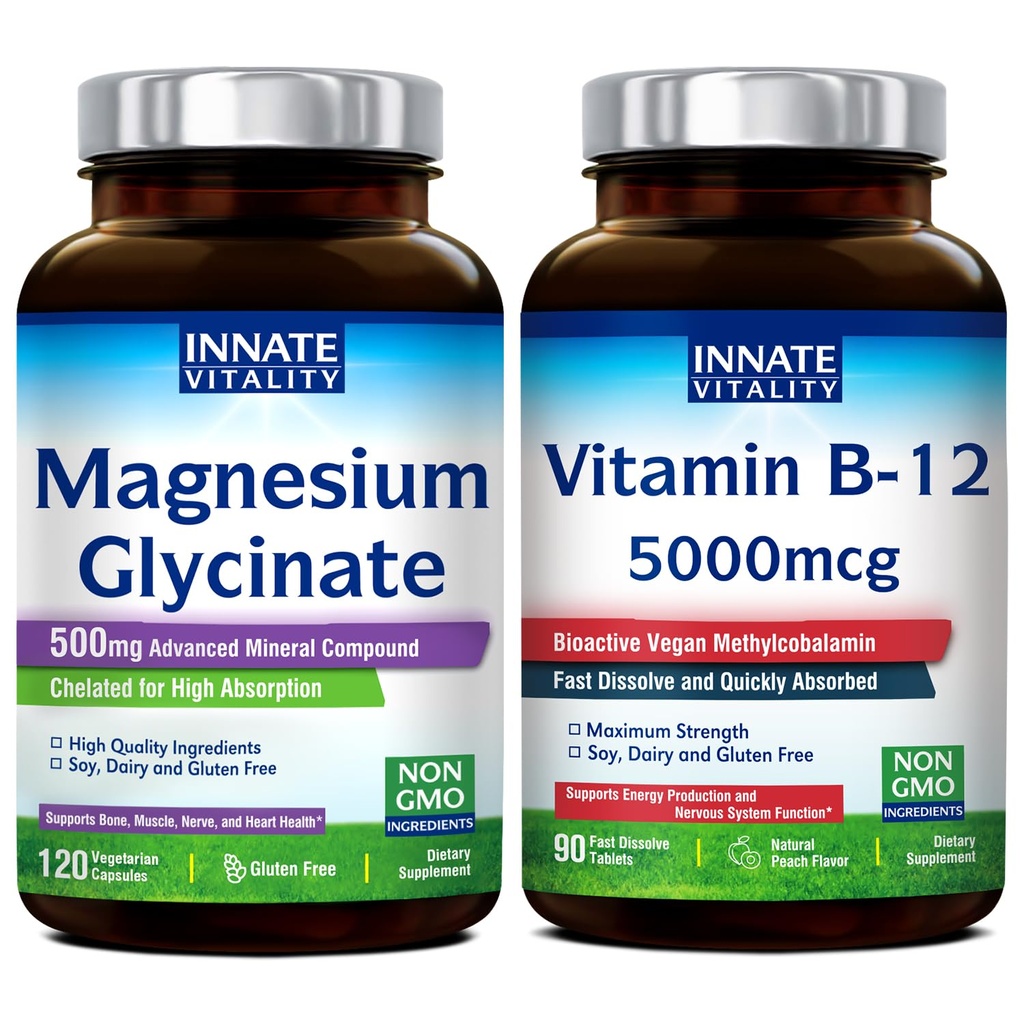 Prirojena vitalnost Magnezij Glycinate & Vitamin B12 Bundele, No Gluten & Vegan, Magnezij (120 Caps) & Vitamin B12 (90 Fast Dissolve Tabs), Value Pack, Bundle & Save