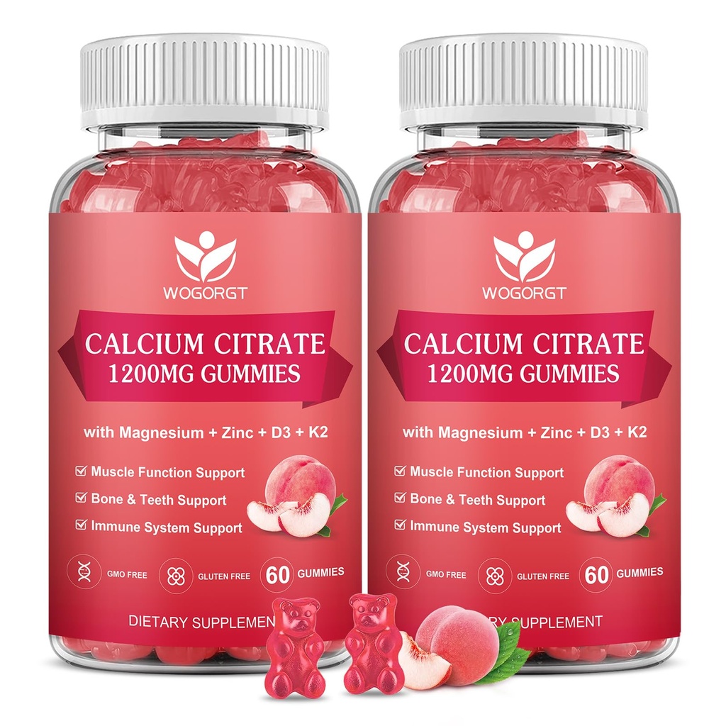 Kalcijev citrat 1200 mg Gumiji z vitaminom D3, K2 - Žvečilni kalcij Magnezijev cink d3 dodatek z Sea Moss ekstrakt za kosti, zobje, Imunska podpora za ženske in moške, Peach Flavor-60 Gumies(2Pack)