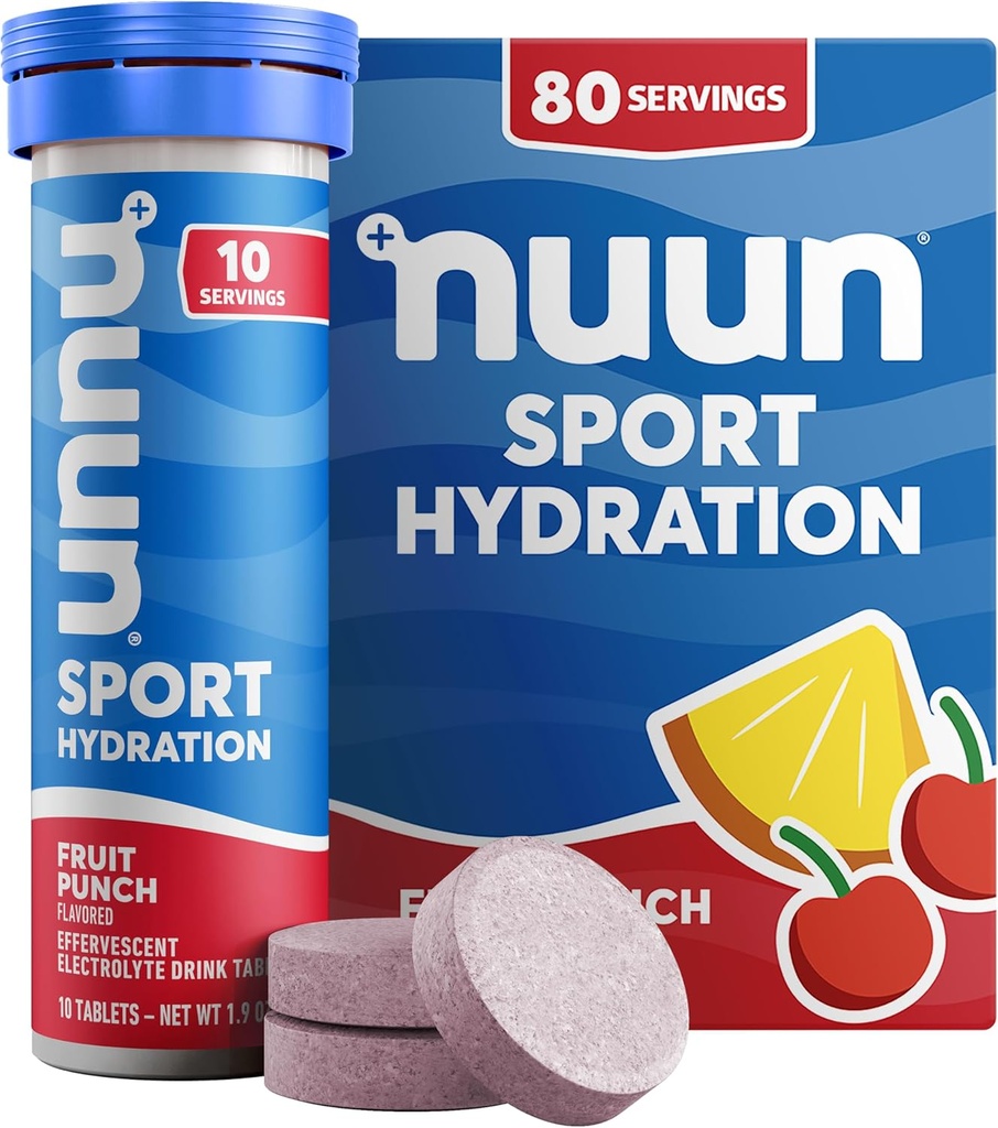 Nuun Sport Elektrolitske tablete z magnezijem, kalcijom, kalijem, kloridom in natrijem, brez glutena in veganom, sadni punch, 8 pakiranj (80 skupaj)