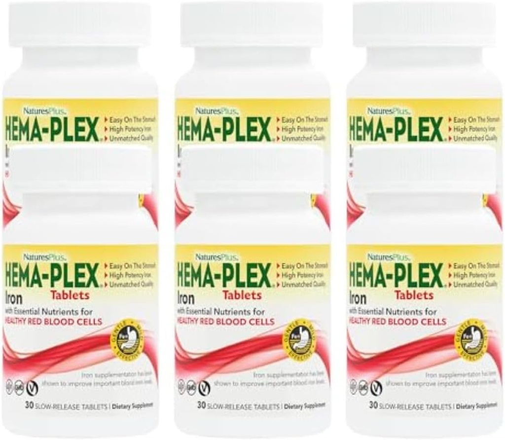 NaturesPlus železo Hema-Plex - 30 tablet s podaljšanim sproščanjem, pakiranje po 6-85 mg elementarnega železa - skupno zdravje krvi - z vitaminom C in bioflavonoidi - Vegan, gluten brez - 180 skupnih servingov