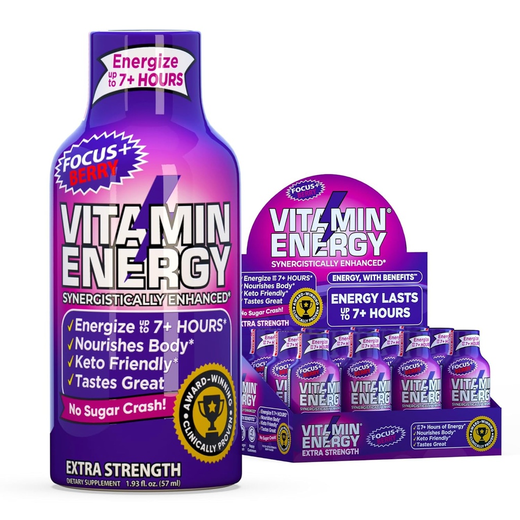 Vitamin Energy Focus+ Extra Energy Shot Berry 4 Pack, 260mg Naravni kofein, B-vitamini, CoQ10, Aminokisline, Fokus, Produktivnost in čistost, Nič sladkorja, Gluten-free, 1,93 fl oz