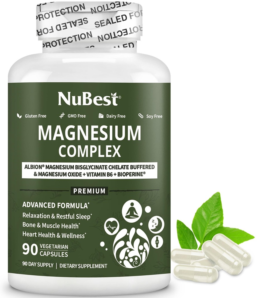 Magnezij Glicinat Chelate Complex z Albion Magnezijev Biglicinat Chelat, Vitamin B6 & BioPerin za kosti, mišice, naravni spanec, živčne funkcije, Brain Booster 