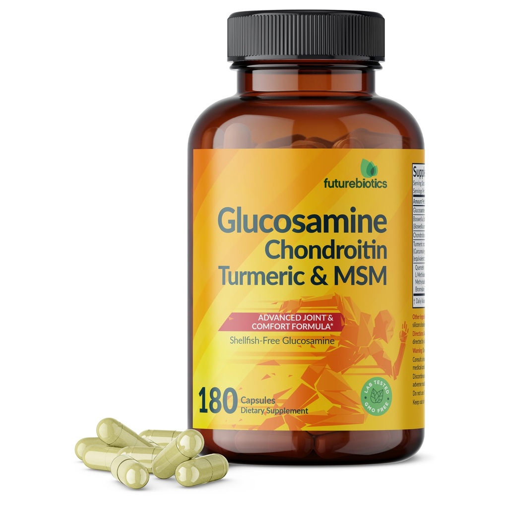 Futurebiotics Glukozamin Chondroitin Turmeric & MSM Advanced Joint Formula, podpira zdrave sklepe in mobilnost - Non-GMO, 180 kapsul